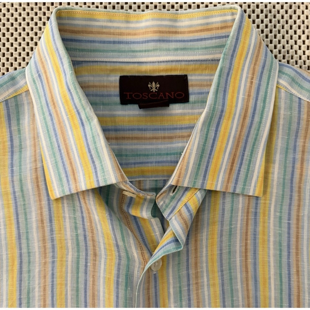 Toscano Mens 100% linen Striped Button Down SS Shirt Size XL Relaxed Tropical
